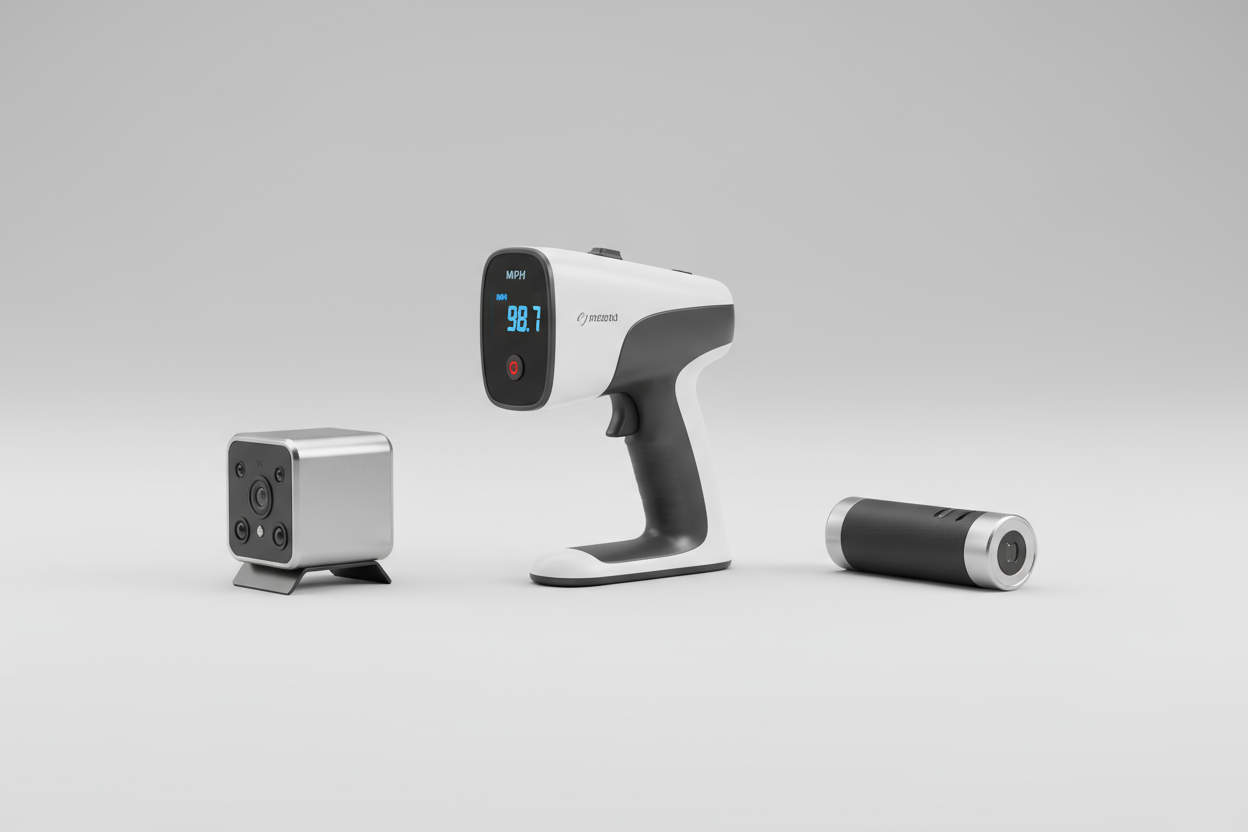 please create a clean modem image of a baseball radar gun and two other similar pieces of thecnology