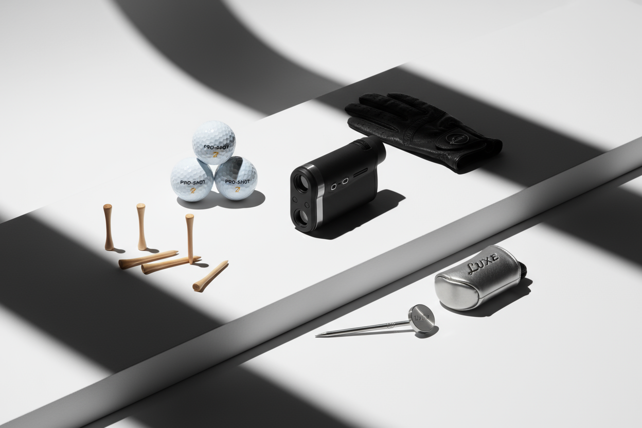 Slick image of golf accessories including a range finder against a dramatic white background
